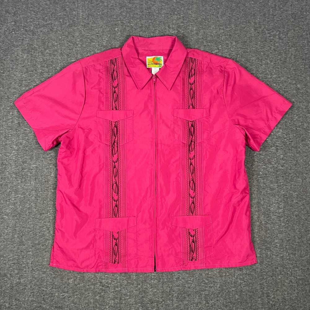 Genuine Haband Guayabera Shirt Mens XL Red Zip Front Pintuck Short Sleeve